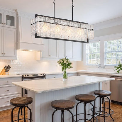 Modern Large Rectangle Chandeliers for Dining Room, 4 Lights Black Crystal Kitchen Island Lighting with Water Ripple Glass, Linear Farmhouse Pendant Light Fixture Over Table UL Listed