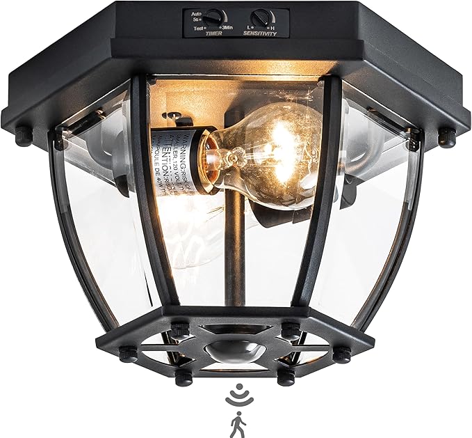 Motion Sensor Flush Mount Ceiling Light Fixture, 2-Light Outdoor Porch Lights Ceiling Mount, Waterproof Matte Black Manual Dusk to Dawn Flush Mount Light Ceiling Lamp, E26 Socket