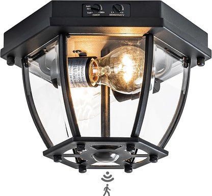 Motion Sensor Flush Mount Ceiling Light Fixture, 2-Light Outdoor Porch Lights Ceiling Mount, Waterproof Matte Black Manual Dusk to Dawn Flush Mount Light Ceiling Lamp, E26 Socket