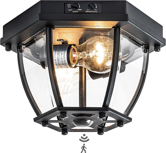Motion Sensor Flush Mount Ceiling Light Fixture, 2-Light Outdoor Porch Lights Ceiling Mount, Waterproof Matte Black Manual Dusk to Dawn Flush Mount Light Ceiling Lamp, E26 Socket
