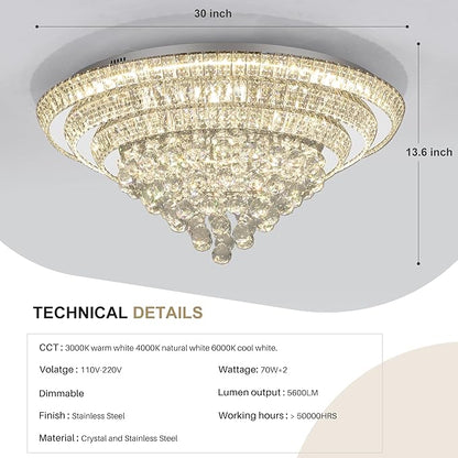 COCOSTAR 30" Crystal Chandeliers, Flush Mount Chandelier LED Ceiling Light, Modern Crystal Raindrop Chandeliers for Dining Room, Living Room, Bedroom