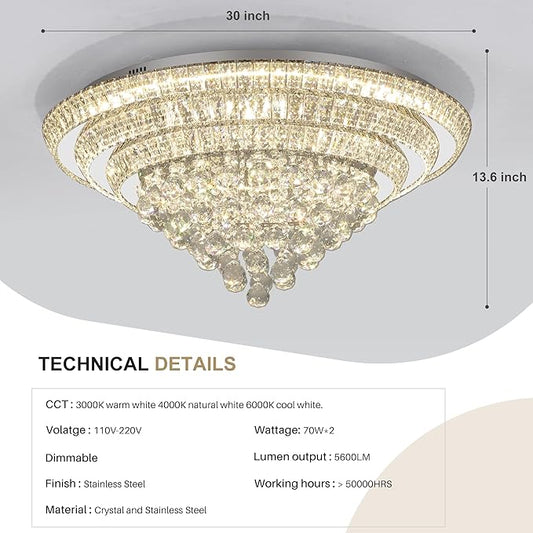 COCOSTAR 30" Crystal Chandeliers, Flush Mount Chandelier LED Ceiling Light, Modern Crystal Raindrop Chandeliers for Dining Room, Living Room, Bedroom