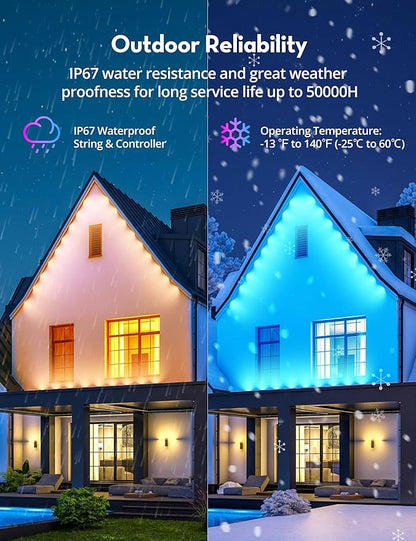 RGB+IC Permanent Outdoor Lights for House Garden, 50Ft Smart Eave Lights, String Lights, IP67 Waterproof, for Christmas Halloween Decor Birthday Gift with Alexa, Google Assistant APP/Remote Control