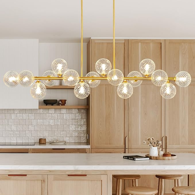 55" Linear Chandelier Swirled Glass Gold Sputnik Chandelier, Long Modern Chandeliers for Dining Room 16-Light Electroplated Brass Large Chandelier Long Dining Room Light Fixture Linear Island Lights