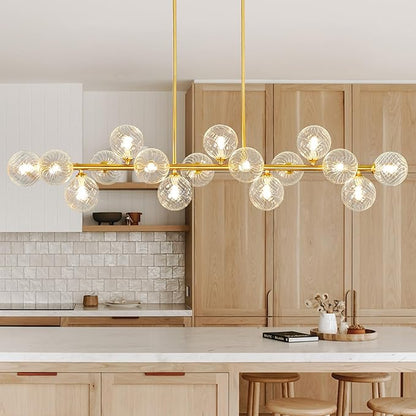 55" Linear Chandelier Swirled Glass Gold Sputnik Chandelier, Long Modern Chandeliers for Dining Room 16-Light Electroplated Brass Large Chandelier Long Dining Room Light Fixture Linear Island Lights