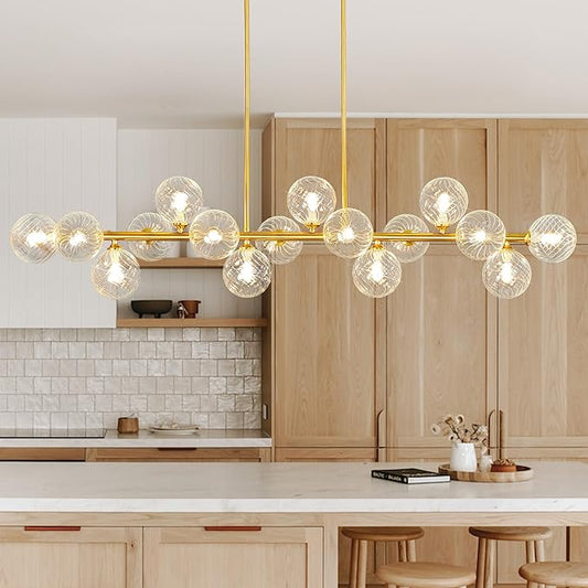 55" Linear Chandelier Swirled Glass Gold Sputnik Chandelier, Long Modern Chandeliers for Dining Room 16-Light Electroplated Brass Large Chandelier Long Dining Room Light Fixture Linear Island Lights
