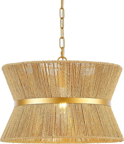 18” Hand Woven Rattan Boho Chandelier Brass Ajustable Pendant Light for Kitchen Island Living Room Bedroom Hallway, UL Listed