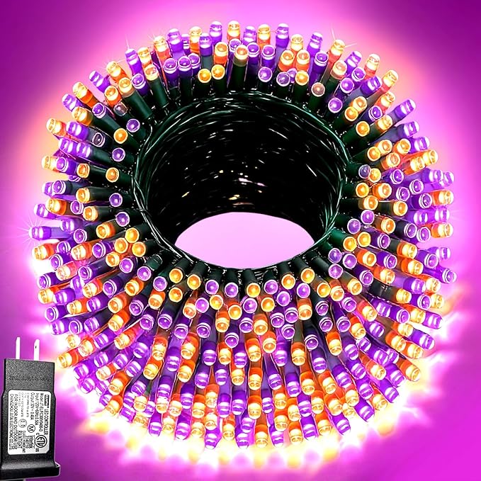 Pooqla Halloween Purple and Orange String Lights, 200 LED Green Wire Indoor and Outdoor Lights