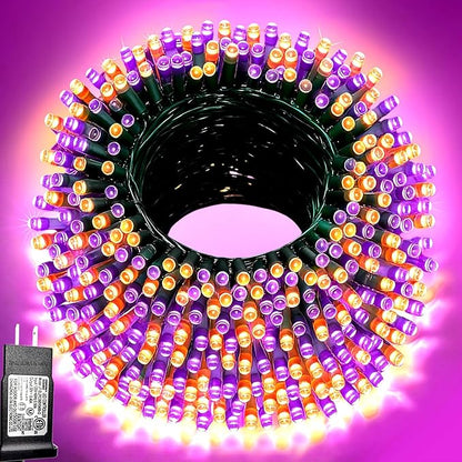 Pooqla Halloween Purple and Orange String Lights, 200 LED Green Wire Indoor and Outdoor Lights
