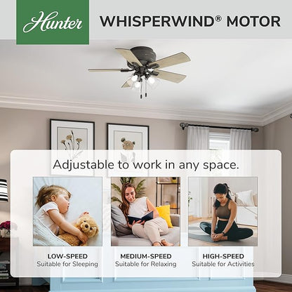 Hunter 42 inch Indoor Ceiling Fan with LED Lights and Pull Chain - Low Profile Flush Mount Ceiling Fan, 5 Blades, For Bedroom, Living Room, or Kitchen, Quiet - Crestfield 52153, Noble Bronze