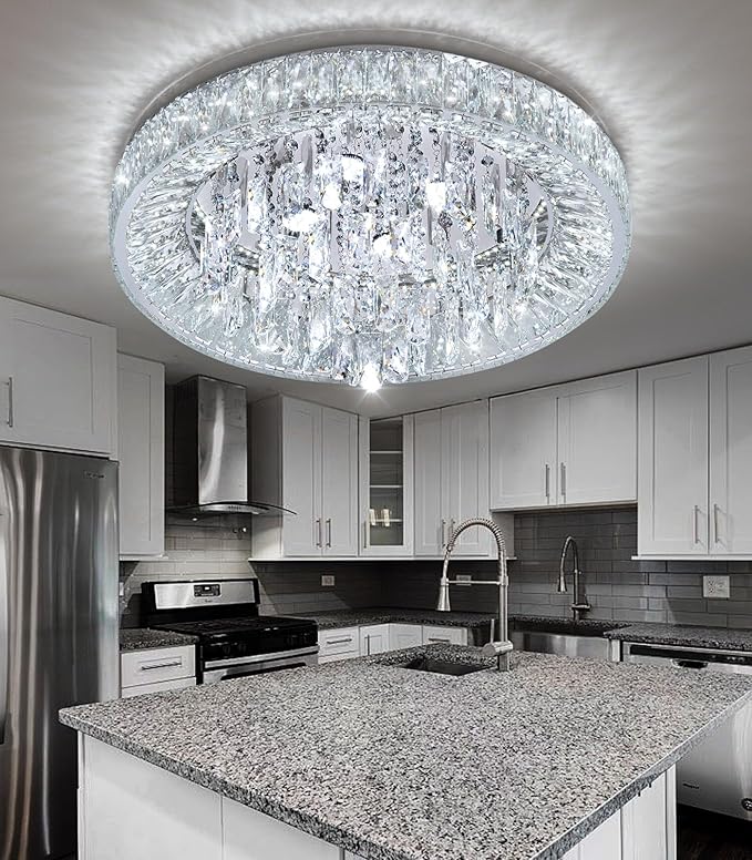 23.6" Modern Crystal Chandeliers LED Dimmable Flush Mount Ceiling Chandeliers for Living Room Entrance Foyer Bedroom Silver