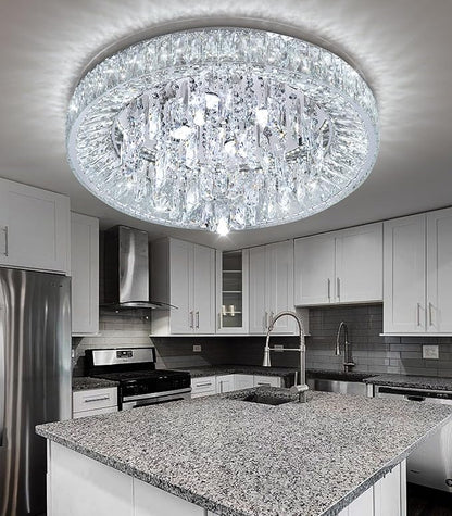 23.6" Modern Crystal Chandeliers LED Dimmable Flush Mount Ceiling Chandeliers for Living Room Entrance Foyer Bedroom Silver