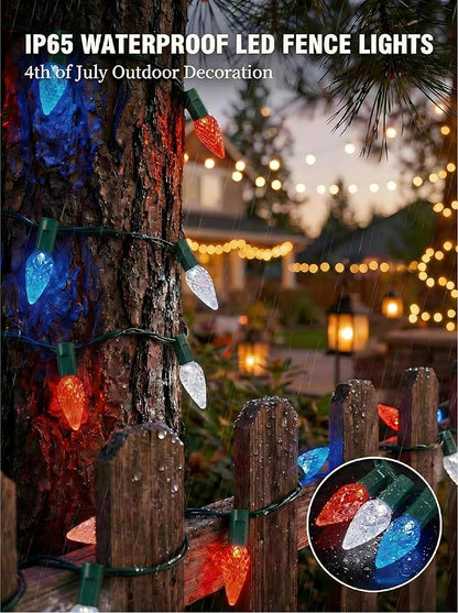 ITICdecor C6 Solar String Lights Outdoor Waterproof, 23FT 50LED Solar Strawberry Lights Decoration for 4th of July, 8 Lighting Mode for Tree Patio Party Decor(Red White&Blue)