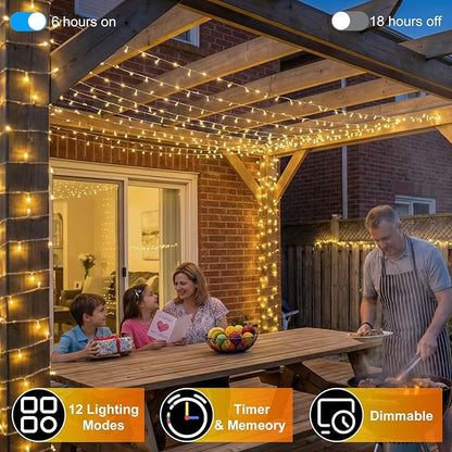 350LED 90FT Christmas Lights Indoor Outdoor, 12 Modes Warm White Outdoor String Lights with Timer & Dimmable, Green Wire Christmas String Lights for Indoor Tree Patio Yard Fence Bedroom Wedding Garden