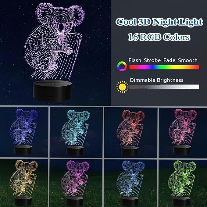 Koala Night Light, Koala Gifts, 3D Illusion Lamp with Remote Control, 16 RGB Colors, 4 Flashing Modes, Timer, Dimmable, Cute Animal for Decor for Holiday Birthday Christmas