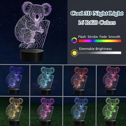 Koala Night Light, Koala Gifts, 3D Illusion Lamp with Remote Control, 16 RGB Colors, 4 Flashing Modes, Timer, Dimmable, Cute Animal for Decor for Holiday Birthday Christmas