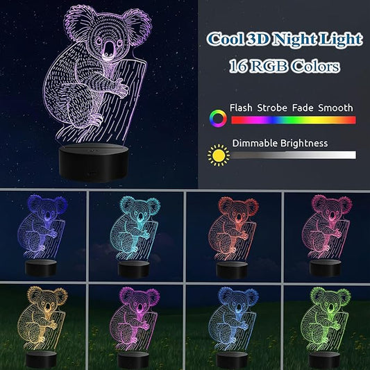 Koala Night Light, Koala Gifts, 3D Illusion Lamp with Remote Control, 16 RGB Colors, 4 Flashing Modes, Timer, Dimmable, Cute Animal for Decor for Holiday Birthday Christmas