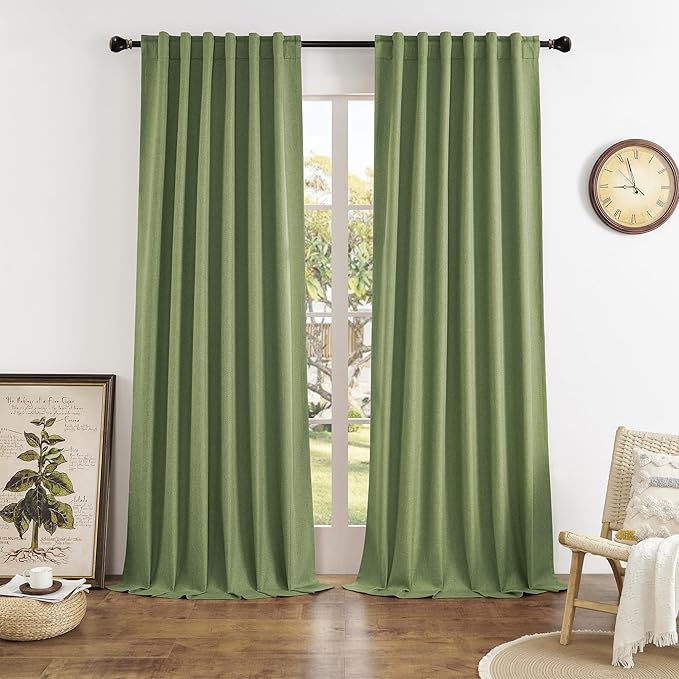 DUALIFE Back Tab Curtains 132 Inch Length-Pocket Hook Belt Linen Long Drapes for High Ceiling Loft Living Room Thermal Insulated Light Blocking Drapes for Bedroom 2 Panels Set 50X132 Inches Sage Green