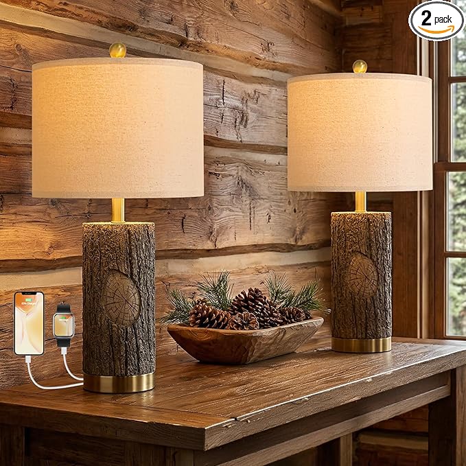 OYEARS 25.5'' Rustic Farmhouse Table Lamps, Faux Wood Tree Bark Lamps with Gold Base, Bedside Lamps Set of 2 with A+C Charging Ports, Retro Nightstand Lamps for Living Room Bedroom Hallway Decor Brown