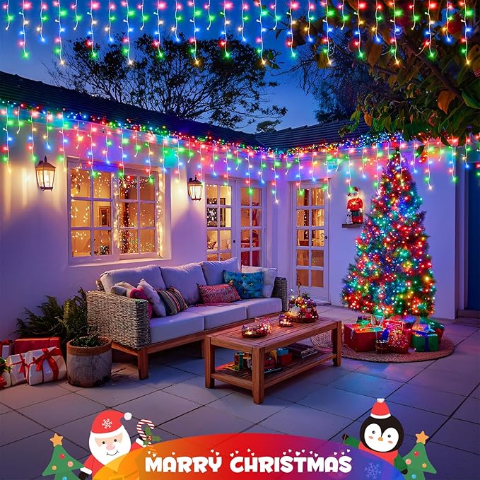 JMEXSUSS 400 LED 38.8Ft Icicle Christmas Lights with Remote - Outdoor Multicolor String Lights Plug in, 8 Mode for Outside Indoor House Yard Patio Eave Decorations