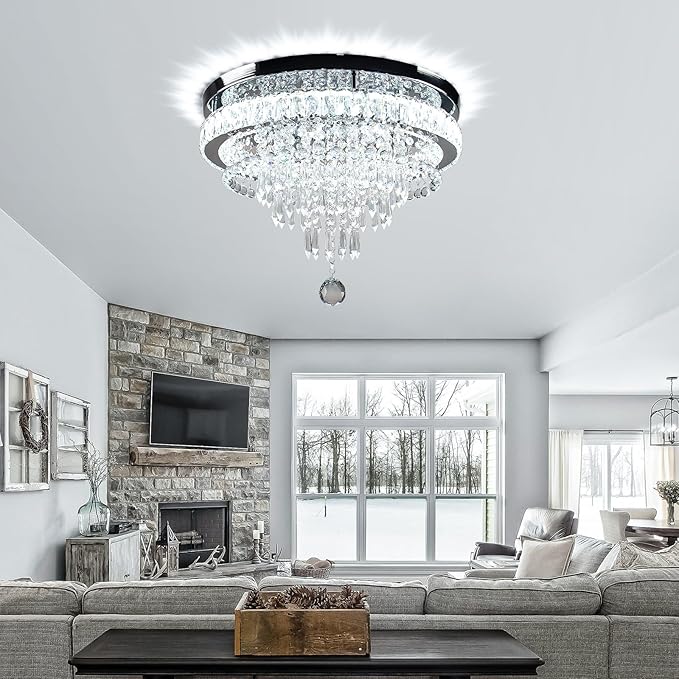 FRIXCHUR 19.7" Modern Crystal Chandeliers Crystal Ceiling Light LED Remote Control Chandelier Light Fixture for Bedrooms Living Room Dining Room Lights (Dimmable)