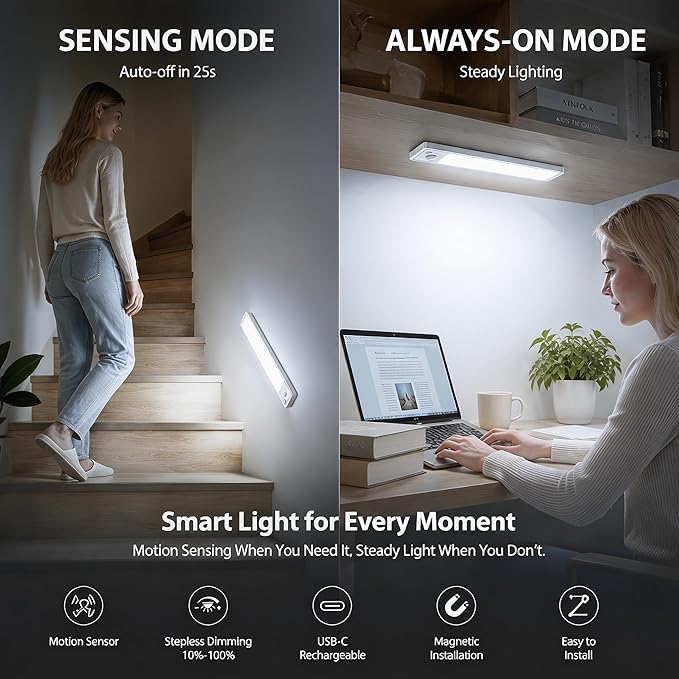 Under Cabinet Motion Sensor Lighting: 12 Inch Dimmable Rechargeable Lights Indoor - Battery Operated Lights - Undercabinet Closet Light Magnetic Led Light for Kitchen Home Bathroom Counter 5 Pack