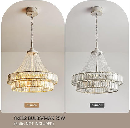 24" Modern Crystal Caged Fandelier, Smart Chandelier Fan with Remote and APP Control, Double Layer Ceiling Fan with Light for Dining Living Room Bedroom, Italian Design-White Gold