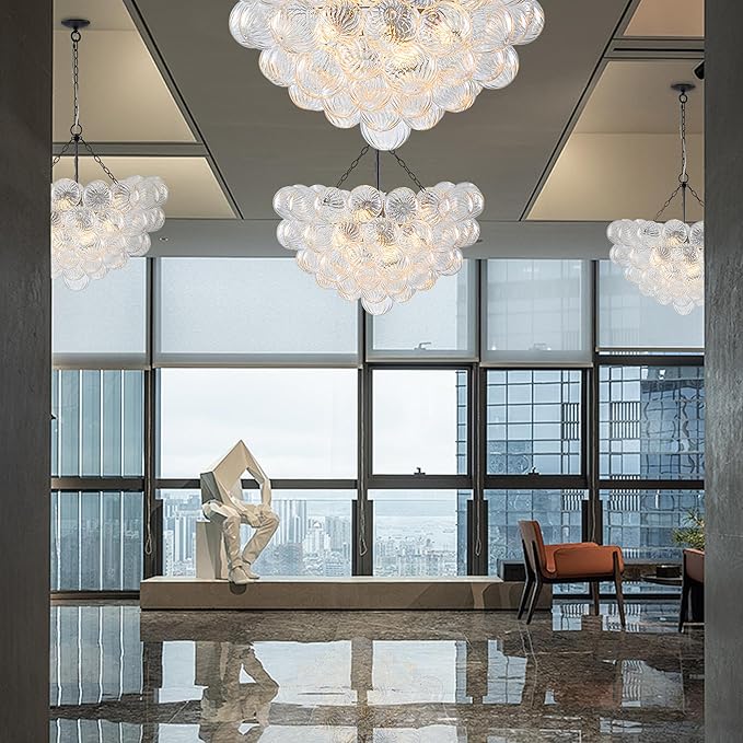 Hand Blown Glass Bubble Ball Chandelier Black Finish 32" Pendant Light Fixture Art Deco Cluster Ribbed Glass Swirled Globe Lighting for Bedroom Dining Room Restaurant Bathroom Entry