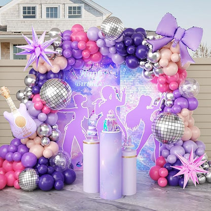 JOGAMS 171Pcs Kpop Balloons Arch Kit, Idol Stage Style Pink Purple Silver Disco Balloon Garland with Bow Guitar Star Music Note Foil Balloons for K-Pop Music Disco Theme Birthday Concert-Style Stage