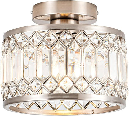 Rpzloila Crystal Ceiling Light Fixture, Modern Semi Flush Mount Ceiling Light,Crystal Chandelier for Kitchen Bedroom Bathroom Entryway Nickel Finish (Bulb not Included)