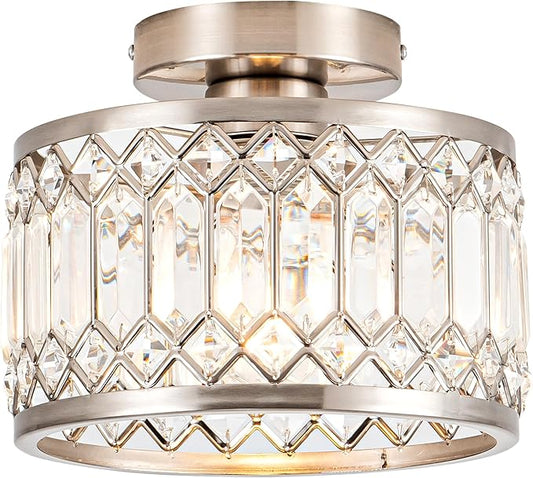 Rpzloila Crystal Ceiling Light Fixture, Modern Semi Flush Mount Ceiling Light,Crystal Chandelier for Kitchen Bedroom Bathroom Entryway Nickel Finish (Bulb not Included)