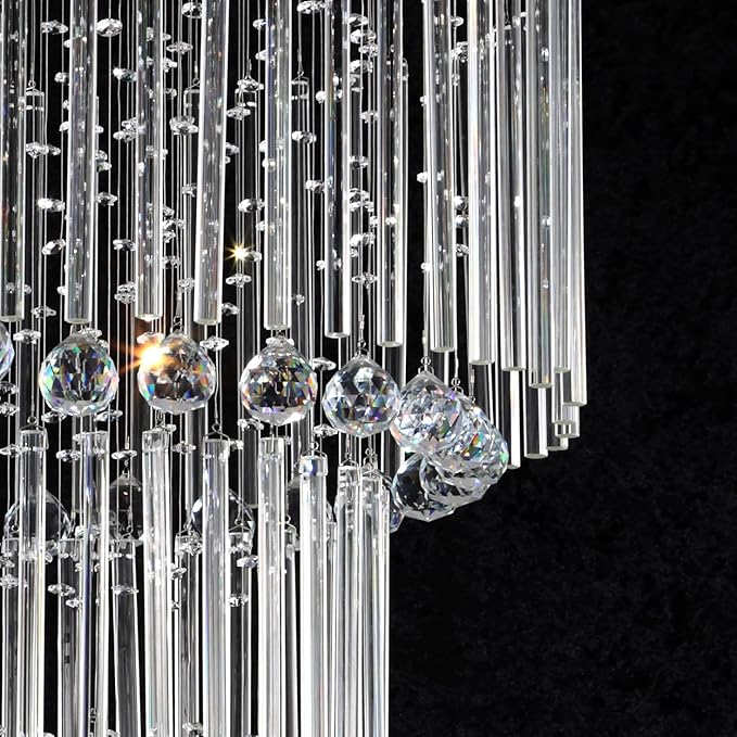 Flashing God D40''x H110'' Modern Crystal Chandelier LED Dimmable Large Raindrop Chandeliers High Ceiling Light for Foyer Stairwell Entryway Living Room Silver