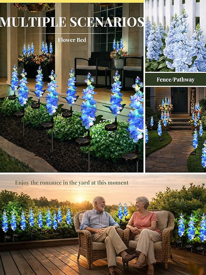 GIGALUMI Solar Lights Outdoor for Garden Decor, 3 Pack Solar Flower Lights Waterproof, 2 Lighting Modes Delphinium for Pathway,Yard, Patio Decoration, Gardening Gifts for Women (Blue)