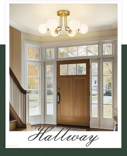 Gold Flush Mount Ceiling Light in Modern Farmhouse Design Features 6 Frosted Glass Shades, Perfect for The Living Room, Bedroom, Or Dining Room. Model:CKCL4845-6W-PG