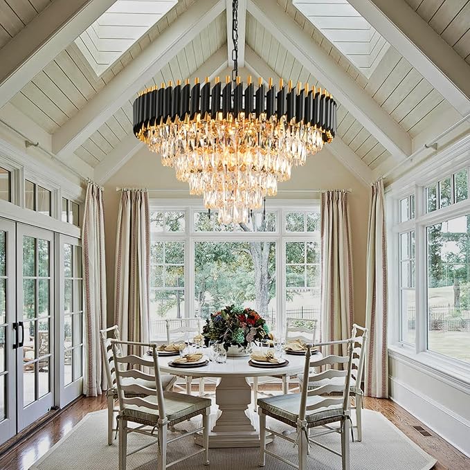 Modern Crystal Chandeliers for Dining Room Living Room 15-Light Black and Gold Chandelier Round 6 Tiers Large Contemporary Pendant Ceiling Hanging Light Fixture for Entryway Foyer Staircase W29”