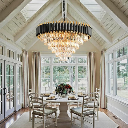 Modern Crystal Chandeliers for Dining Room Living Room 15-Light Black and Gold Chandelier Round 6 Tiers Large Contemporary Pendant Ceiling Hanging Light Fixture for Entryway Foyer Staircase W29”