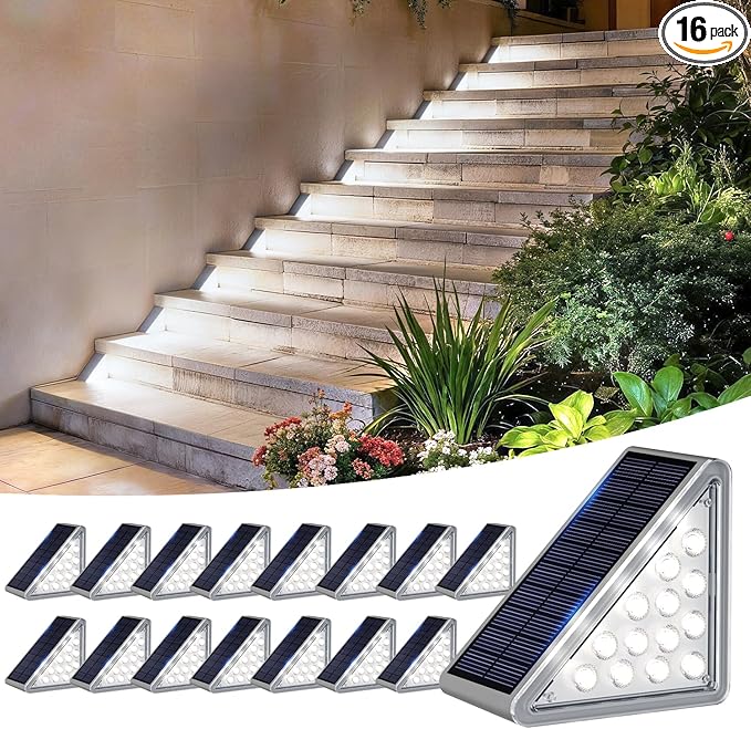 Solar Step Lights Outdoor Waterproof IP65,Cool White Solar Stair Lights, Outdoor Light Decor for Stair, Deck, Step, Porch and Outside Patio, 16 Pack