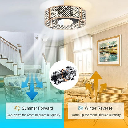 Ganeed 20" Boho Caged Fandelier with Lights, 18W Dimmable LED Rattan Ceiling Fan with Lights and Remote Control, Enclosed 6 Speeds/RGB Low Profile Bamboo Fan Light for Bedroom, Living Room, Kitchen