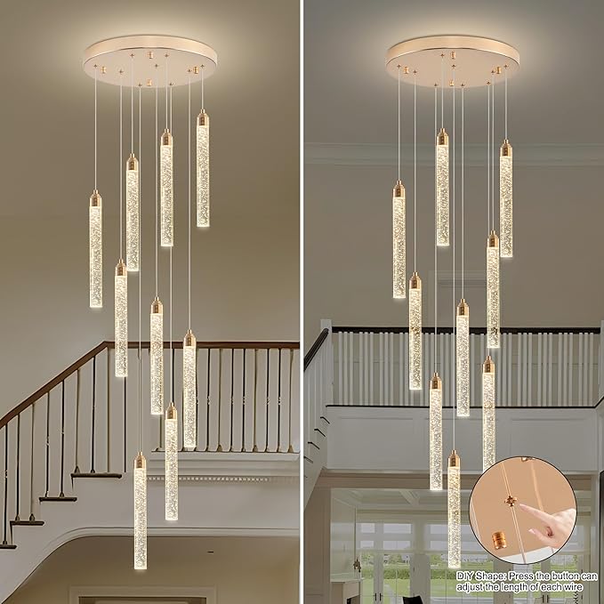 Crystal Staircase Chandelier, Modern Gold Spiral Dimmable LED Cluster Raindrop Foyer Chandelier Lighting, Bubble Living Room Hanging Light Fixture 9 Light Remote Control