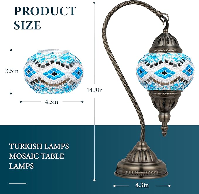 Marrakech Tiffany Lamp Morrocan Table Lamp with Vintage Style, Handmade Turkish Mosaic Lamps with Swan Neck Bronze Base Including LED Bulb for Living Room Bedroom Decor (Blue2)