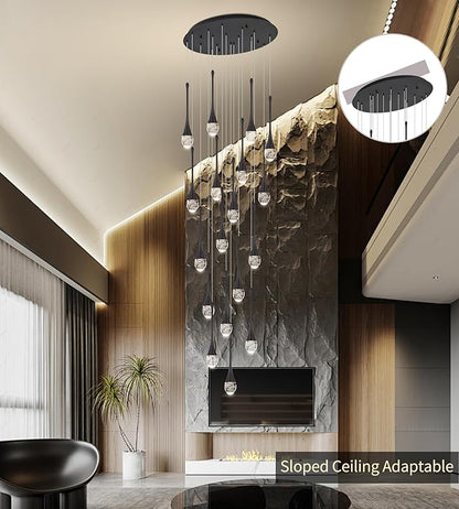 Modern Crystal Staircase Chandelier Polished Black 18-Lights, H118'' Large High Ceiling Spiral Dimmable LED Raindrop Foyer Entryway Light Fixture Remote Control