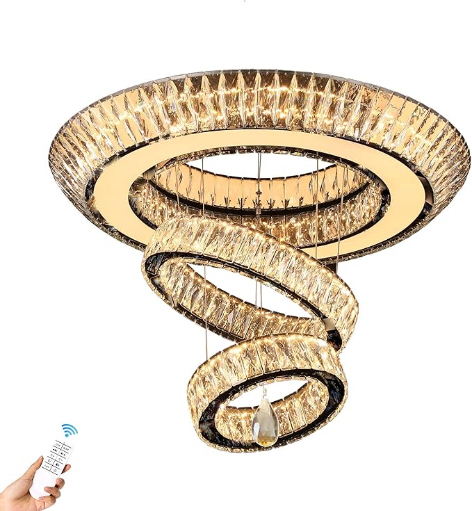 D32 Inch Modern Large Ring Crystal Chandelier Modern Luxury Ceiling Lights Fixture for Dining Living Room 3-Tier Raindrop Chandeliers Lighting LED 3000-6000K Infinity Dimmable
