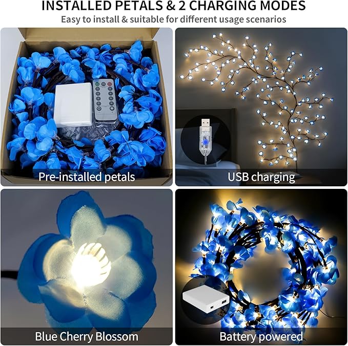 FNHMSL Cherry Enchanted Willow Vine Lights, 4FT 48LED Blue Cherry Blossom Tree Branch Lights for Wall with USB Battery Box,Remote Timer,8 Light Model, Indoor Bedroom Wall Doors Wedding, Christmas