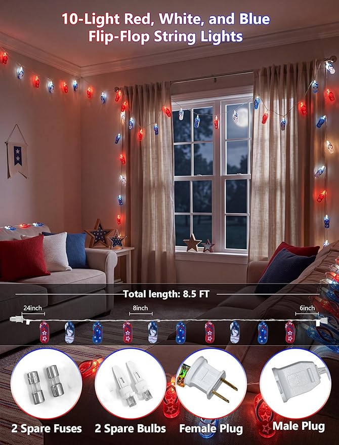 8.5Ft LED Tropical Beach Flip Flop String Lights, 4th of July Slipper String Lights Plug in with 10 Bulbs, Independence Day Decoration Lights for Patriotic Party Garden Festival National Day, White