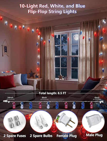 8.5Ft LED Tropical Beach Flip Flop String Lights, 4th of July Slipper String Lights Plug in with 10 Bulbs, Independence Day Decoration Lights for Patriotic Party Garden Festival National Day, White