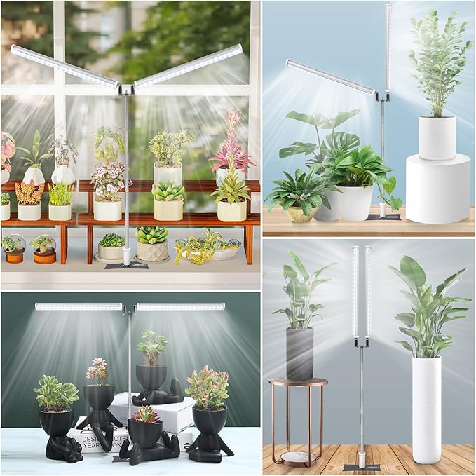 Standing LED Grow Light，Adjustable Dual Head T12 Bar Plant Light, White 6500K Full Spectrum Plant Grow Lamp on Stand for Indoor Plants Seed Starting, Seedlings, Veg, Flower