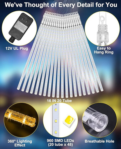 EAGWELL Outdoor Christmas Lights 16 Inch 20 Tubes Meteor Shower, Warm White Falling Rain Drop Icicle String Lights, Cascading Snow Effect Waterproof Xmas Decor for Tree Wedding Party Garden Holiday
