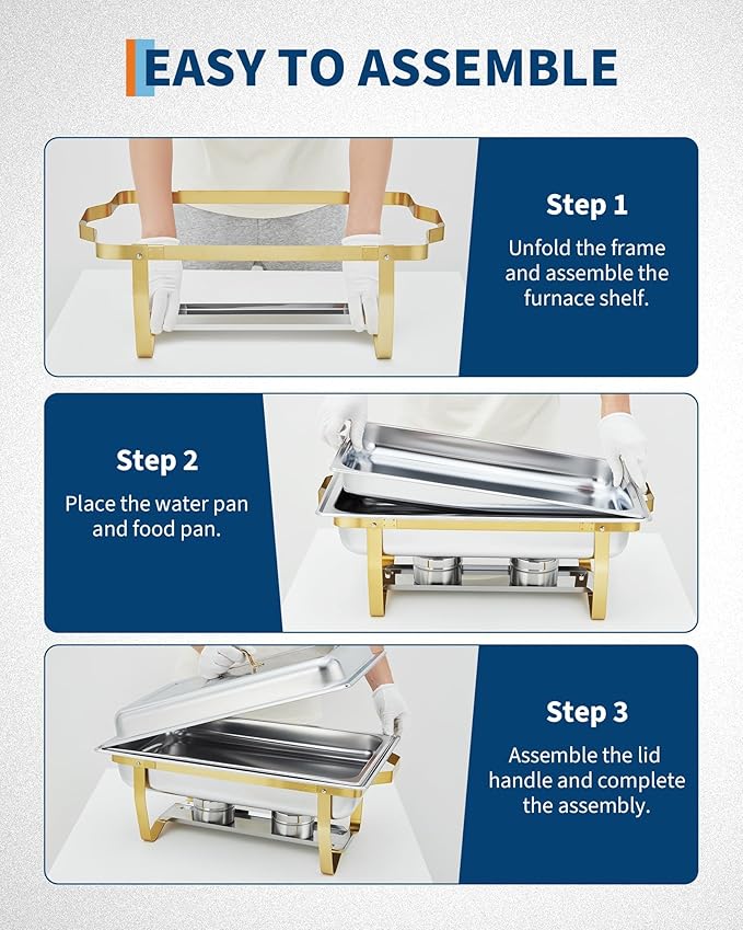 Garvee Chafing Dishes for Buffet Set of 2, 8QT Buffet Servers and Warmers Set with Lid & Foldable Frame, Rectangular Stainless Steel Chafer Food Warmer for Parties Wedding Catering Supplies, Gold