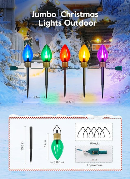 Brightown Jumbo C9 Christmas Lights Outdoor Decorations Lawn with Pathway Marker Stakes, 8 Feet LED Lights Covered Jumbo Multicolored Light Bulb for Holiday Outside Yard Garden Decor, 5 Lights