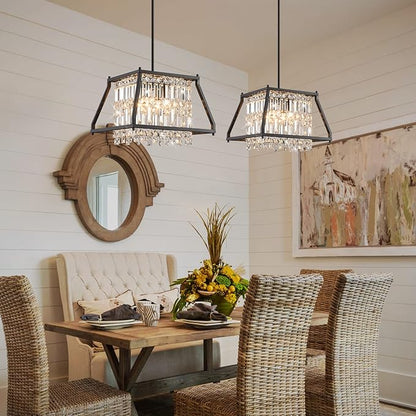 LMQNINE Farmhouse Chandelier - Black Metal Crystal Pendant Light for Kitchen, Dining, Living Room - Flat & Inclined Ceiling (Trapezoid -15.74in)